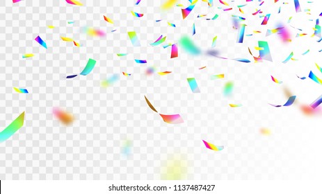 Stock vector illustration defocusing brilliant, shiny Iridescent rainbow confetti isolated on transparent checkered background. Multicolored sequins. EPS10