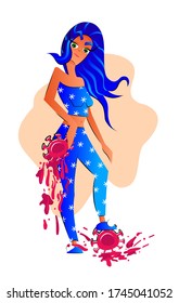 Stock vector illustration depicting a girl who holds the killed virus in her hand. Emotion of joy from the end of quarantine in connection with the covid-19 pandemic. Shows victory over the virus.