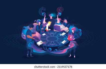 Stock vector illustration design business vr technology virtual glasses surreal unreal world team creativity management brainstorming cryptocurrency meeting teamwork fluid futuristic geometric gamer