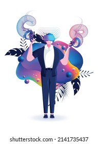 Stock vector illustration design business vr technology virtual glasses surreal unreal world futuristic geometric gamer, visual effects, pc game fantasy.