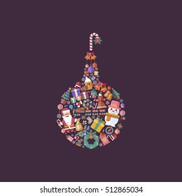 Stock vector illustration design elements for a Happy New Year 2017 and Merry Christmas in a flat style in the shape of ball set of decorative accessories on violet background