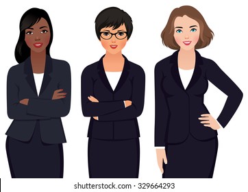 Stock vector illustration of different ethnic business woman in business suits isolated on a white background/Team different ethnic womans businessmen  in a suit/Stock vector illustration