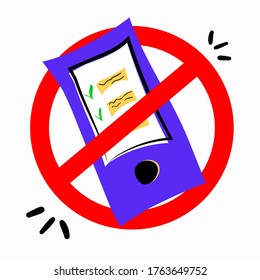 Ilustración vectorial de stock del concepto de desintoxicación digital. El smartphone está tachado con un signo de prohibición. Dejar de depender de los canales de información digital. Salud emocional y psicológica.