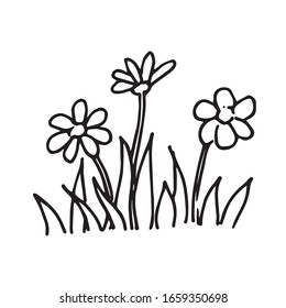 
stock vector illustration doodle style flowering meadow. lawn grass and daisy flowers. cute flowerbed icon with flowers