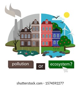 Stock vector illustration of an ecologically clean and dirty city. Smokestacks of a power plant emitting smoke over a cityscape in a cartoon style. Environmentally friendly city with windmills.