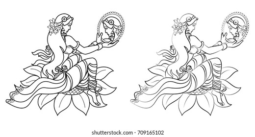 Stock vector illustration of an elegant Indian lady sitting on big lotus and looking in mirror, showing side angle and face inside the mirror