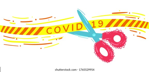 Stock vector illustration of ending quarantine concept. Banner for end of coronavirus lockdown. Pandemic is over. Scissors cut a yellow cordon tape with text covid-19. Protective measures completed.