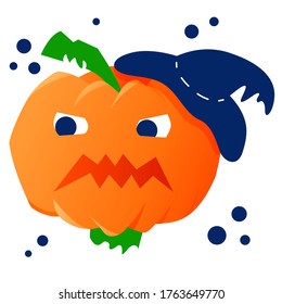 Stock vector illustration of evil halloween pumpkin in hat. Autumn holidays. Happy Halloween funny icon for party invitations or greeting cards with traditional symbols. White isolated background.
