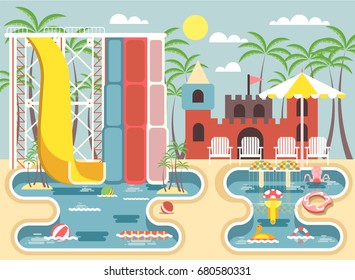 Stock vector illustration of exterior water park, outdoor landscape, aqua park with water slides, entertainment, fountain, swimming pool, deckchairs under sun umbrella in flat style to infographic