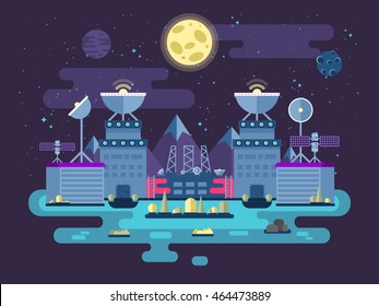 Stock vector illustration of the facade of the station building and ancillary facilities for launching rockets, expedition and research the background of open space in the flat style