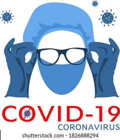 Stock vector illustration of a face medical mask for flu, gloves, glasses and headgear to protect against coronavirus during the covid-19 pandemic. Please put on your mask. Protection from flu, corona
