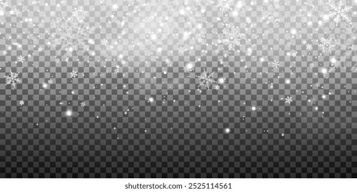 La Ilustración vectorial de las acciones cayendo. Copos de nieve, nevadas. Fondo transparente. Caída de nieve.