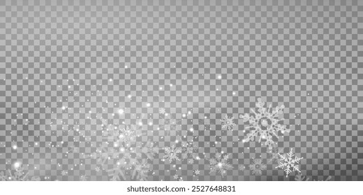 La Ilustración vectorial de las acciones cayendo. Copos de nieve, nevadas. Fondo transparente. Caída de nieve.