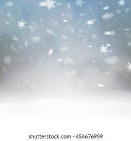 Stock vector illustration falling snow. Snowflakes, snowfall, snowdrift. Blurred background. Fall of snow. Flake of snow. EPS 10