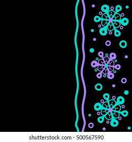 Stock vector illustration falling snow. Snowflakes, snowfall in violet colors on a black background. Vertical design with copy space (place for your text).