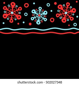 Stock vector illustration falling snow. Snowflakes, snowfall in red colors on a black background. Horizontal design with copy space (place for your text).