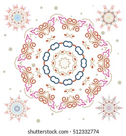 Stock vector illustration falling snow. Set of 5 snowflakes, snowfall in gray and magenta colors on a white background.