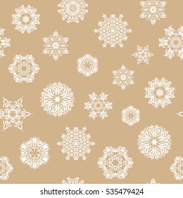 Stock vector illustration falling snow. Snowflakes, snowfall, stylized snow on beige background. Design.