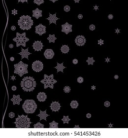 Stock vector illustration falling snow. Snowflakes, snowfall in neutral colors on a black background. Design.