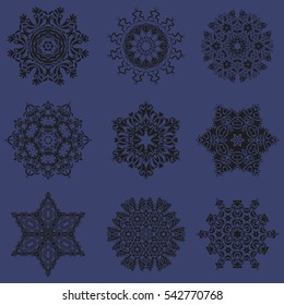 Stock vector illustration falling snow. Set of 9 snowflakes, snowfall on a violet background.