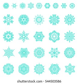 Stock vector illustration falling snow. Set of 29 snowflakes, snowfall in blue colors on a white background.