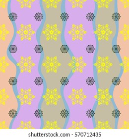 Stock vector illustration falling snow. Snowflakes, snowfall in yellow and green colors on a wave background. Design.