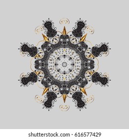 Stock vector illustration falling snow. Snowflakes, snowfall in colors on a gray background. Golden elements with doodles.