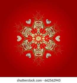 Stock vector illustration falling snow. Golden snowflakes, snowfall, stylized snow on red background. Design.
