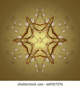 Stock vector illustration falling snow. Golden snowflakes, snowfall, stylized snow on colorful background. Design.