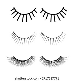 Stock vector illustration of false eyelashes. A set of eyes in a simple Doodle style. Monochrome. Isolated on a white background. Brow master. Beauty salon. Cosmetology. Mascara to increase the volume