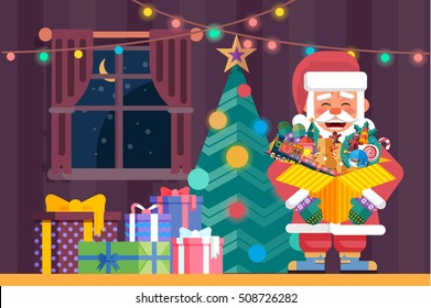 Stock vector illustration of festive interior with Santa Claus with open box with toys  and candy in his hand near decorated Christmas tree and gifts in flat style for Happy New Year 2017 background