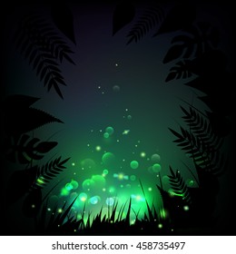 Stock vector illustration fireflies night tropical background. Lights, leaves, grass. EPS 10