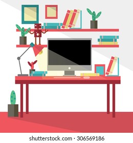 
Stock Vector Illustration:
Flat design vector illustration of modern creative office workspace,workplace with computer.
