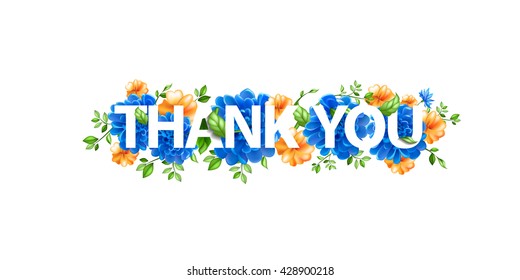 Stock vector illustration of flowers with lettering Thank you