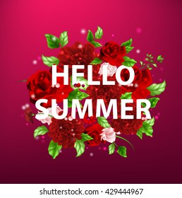 Stock vector illustration of flowers with lettering Hello summer bouquet of red and pink roses on dark background