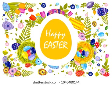 Stock vector illustration flyer brochure banner inscription typography Happy Easter on colored yellow egg, spring tulip flowers and leaves, nest decoration element design on white background