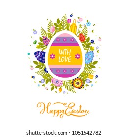 Stock vector illustration flyer brochure banner with inscription typography Happy Easter on colored yellow egg, spring tulip flowers and leaves decoration element design on white background