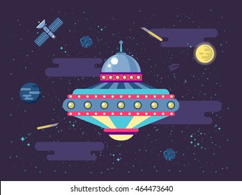 Stock vector illustration of a flying saucer UFO in outer space in a flat style