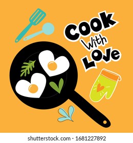 Ilustración vectorial de material con huevos fritos en forma de corazón en una sartén y caligrafía con letras Cook con amor en un fondo amarillo. Concepto de comida casera
