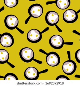 Stock vector illustration with fried eggs in a pan on a yellow background seamless pattern. Homemade food concept