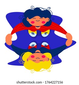 Stock vector illustration of friendship concept. View from above on two girlfriends which holding hands and look up. Best friends forever. Design for holiday greeting cards, banner, poster, print.