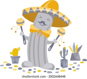 Stock vector illustration Funny cactus with maracas in sombrero
