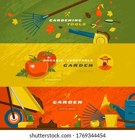 Stock vector illustration of gardening hobby banner set with tools and vegetables. Design in flat style for web banner, flyer and other