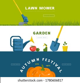 Stock vector illustration of gardening hobby banner set with tools and vegetables. Design in flat style for web banner, flyer and other