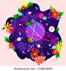 Stock vector illustration of a girl with a whole universe in her head. The concept of creativity, development of imagination, creativity and communication. Creative idea, mind, non standard thinking.