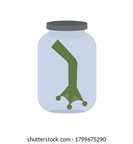 Stock vector illustration of a glass jar with a frog's foot inside, on a white background.
