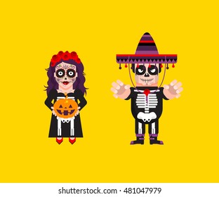 Stock vector illustration a goddess Katrina with Dead Mexican character for halloween in a flat style