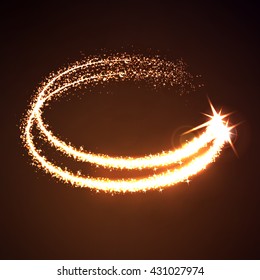 Stock Vector Illustration. gold oval light effect.Vector star dust circle. Magic glittering illustration. Bright sparks and stars on dark background