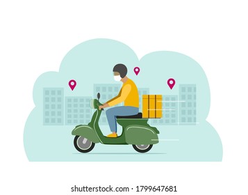 Stock vector illustration of a green moped with delivery. Parcel delivery. Online delivery on a white background. Man in a protective mask. Coronavirus concept.
