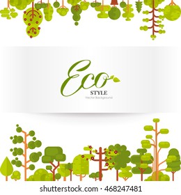 Stock vector illustration of green trees and bushes top and bottom on a white background in a flat style. Banner or strip of paper with lettering for Environmental Design, eco, ecology